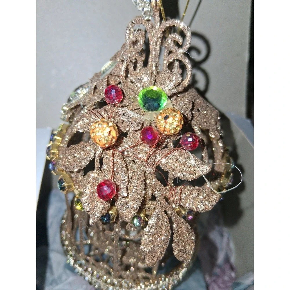 Jeweled Birdcage Christmas Ornament White Bird Rhinestone Prisms 7
